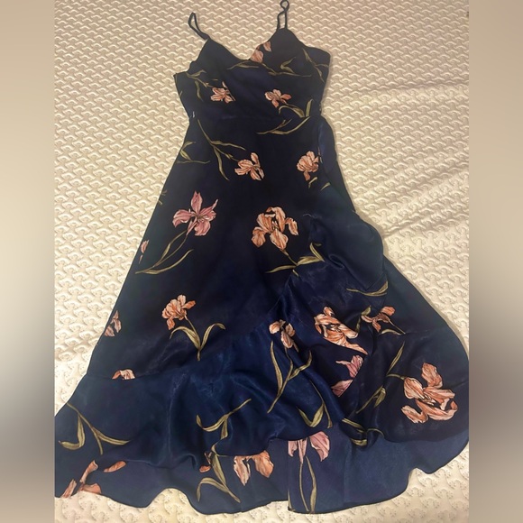 Lumiere Navy Floral Printed Satiny Wrap Dress with Ruffle Detail - Picture 3 of 9